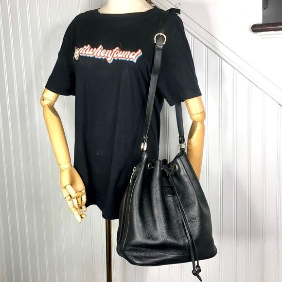 BURBERRYS Large Black Leather Bucket Drawstring Bag Nova Check Lining Authentic - Picture 13 of 17